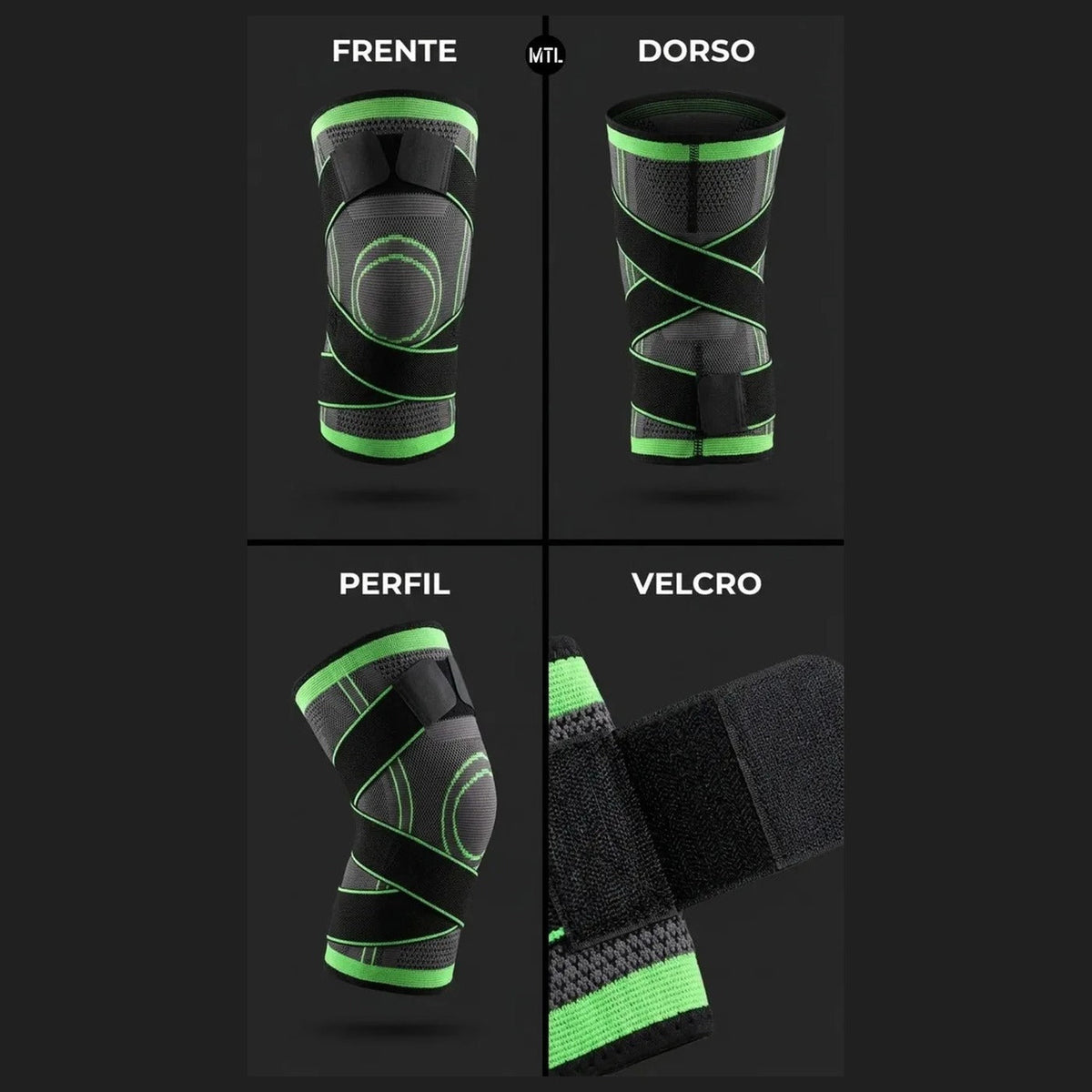 Rodillera de compresion de frente, dorso, perfil y detalle del velcro