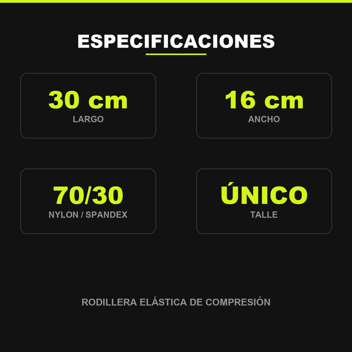 Especificaciones de la rodillera elastica: 30 cm de largo, 16 cm de ancho, 70% nylon 30% spandex, talle unico