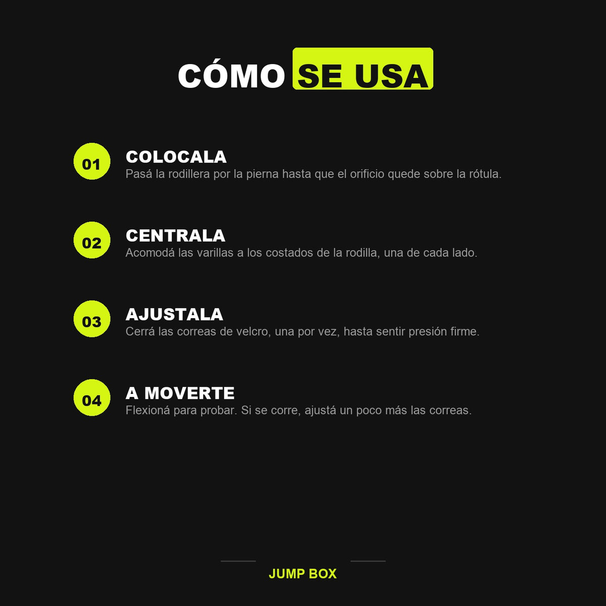 Como se usa la rodillera de neopreno en cuatro pasos: colocala, centrala, ajustala y a moverte
